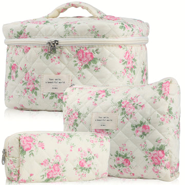 3pcs Large Travel Makeup Bag for Women, Quilted Floral Double Layer Makeup Bag Organizer Cosmetic Bag, Coquette Aesthetic Cute Kawaii Make Up Bag Case Toiletry Bags for Gifts for Girls