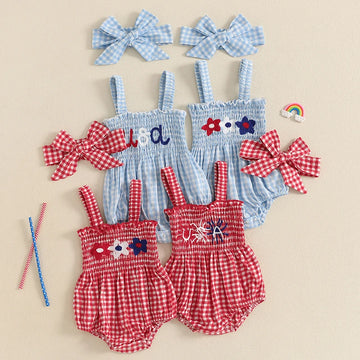 Lioraitiin Baby Girl July 4th Outfit Plaid Letter Embroidery Shirred Sleeveless Romper Headband 2 Pcs Summer Set