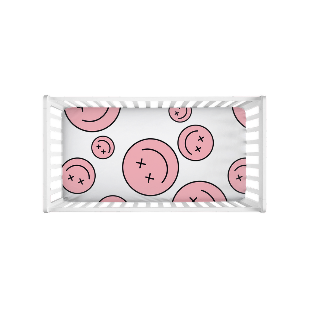 Retro Pink Smiley Face Jersey Knit Premium Crib Sheets, Baby Shower Gift, Floral Decor