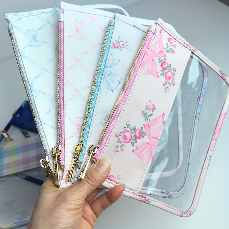 New Nylon Mini Makeup Bag - Bow printing Transparent Flat Bag - Outdoor Travel Wash Bag - Mini Cute Clear Storage Bag - Snacks Storage Bag - File Bag - Rainbow Checkered Fashion Bag - DIY Design Possible Organizer for women