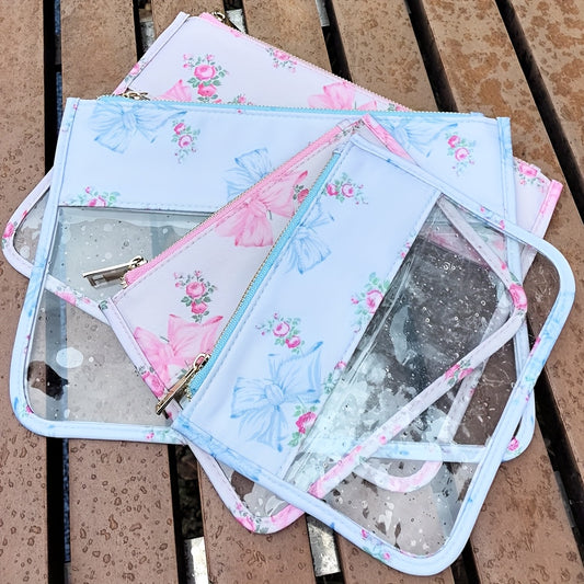 New Nylon Mini Makeup Bag - Bow printing Transparent Flat Bag - Outdoor Travel Wash Bag - Mini Cute Clear Storage Bag - Snacks Storage Bag - File Bag - Rainbow Checkered Fashion Bag - DIY Design Possible Organizer for women