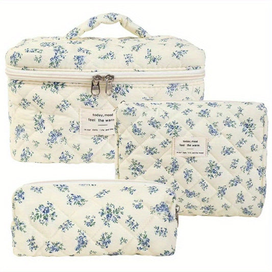 3pcs Large Travel Makeup Bag for Women, Quilted Floral Double Layer Makeup Bag Organizer Cosmetic Bag, Coquette Aesthetic Cute Kawaii Make Up Bag Case Toiletry Bags for Gifts for Girls