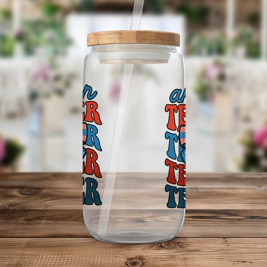 Colorful Letter Design on Clear Glass Bottle product