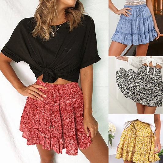 Women's Floral Mini Skirt 2024 Summer High Waist Ruffled Lace Up A-Line Beach Skirt Fresh Style Loose Skirts Streetwear Sweet