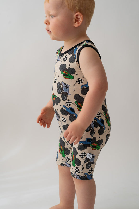 Monster Truck Shorty Tank Bamboo Romper, Monster Truck Bamboo Baby Outfit