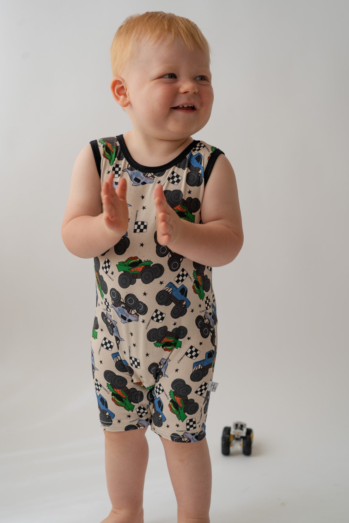 Monster Truck Shorty Tank Bamboo Romper, Monster Truck Bamboo Baby Outfit