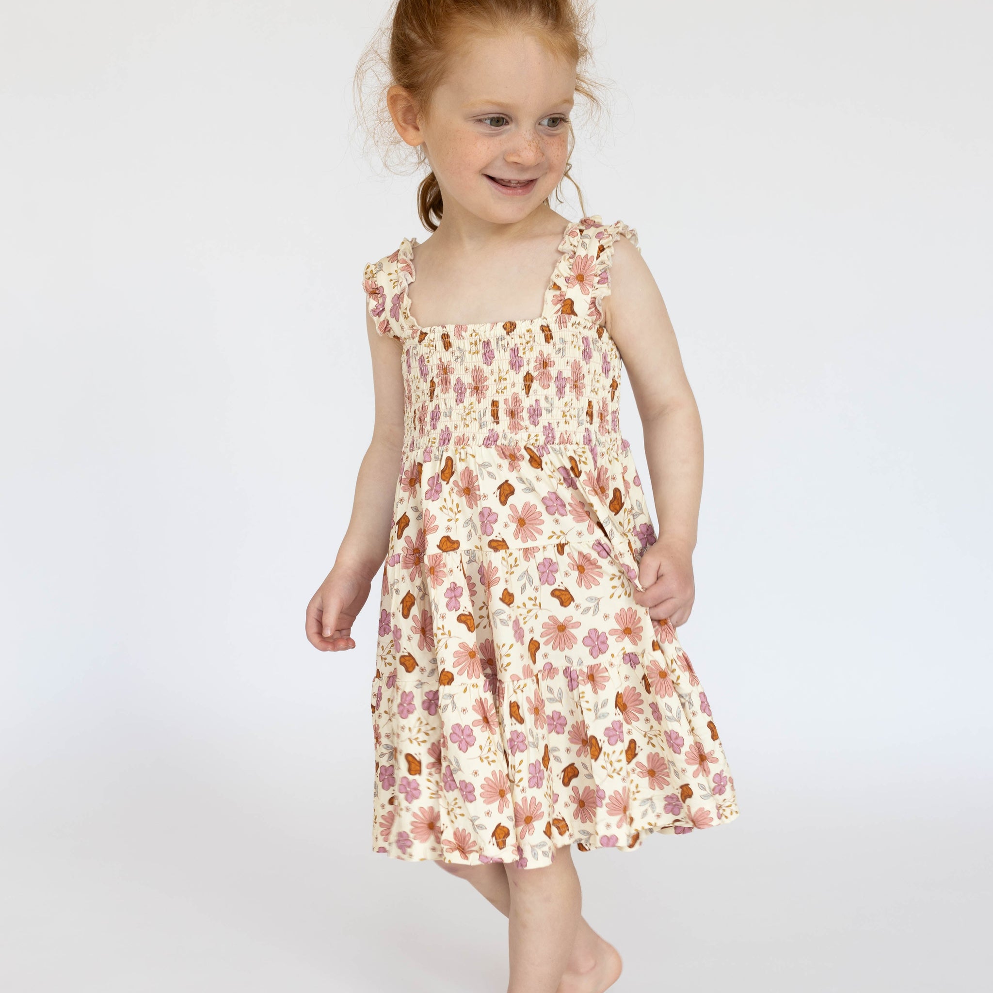 Floral Butterfly Shirred Dress