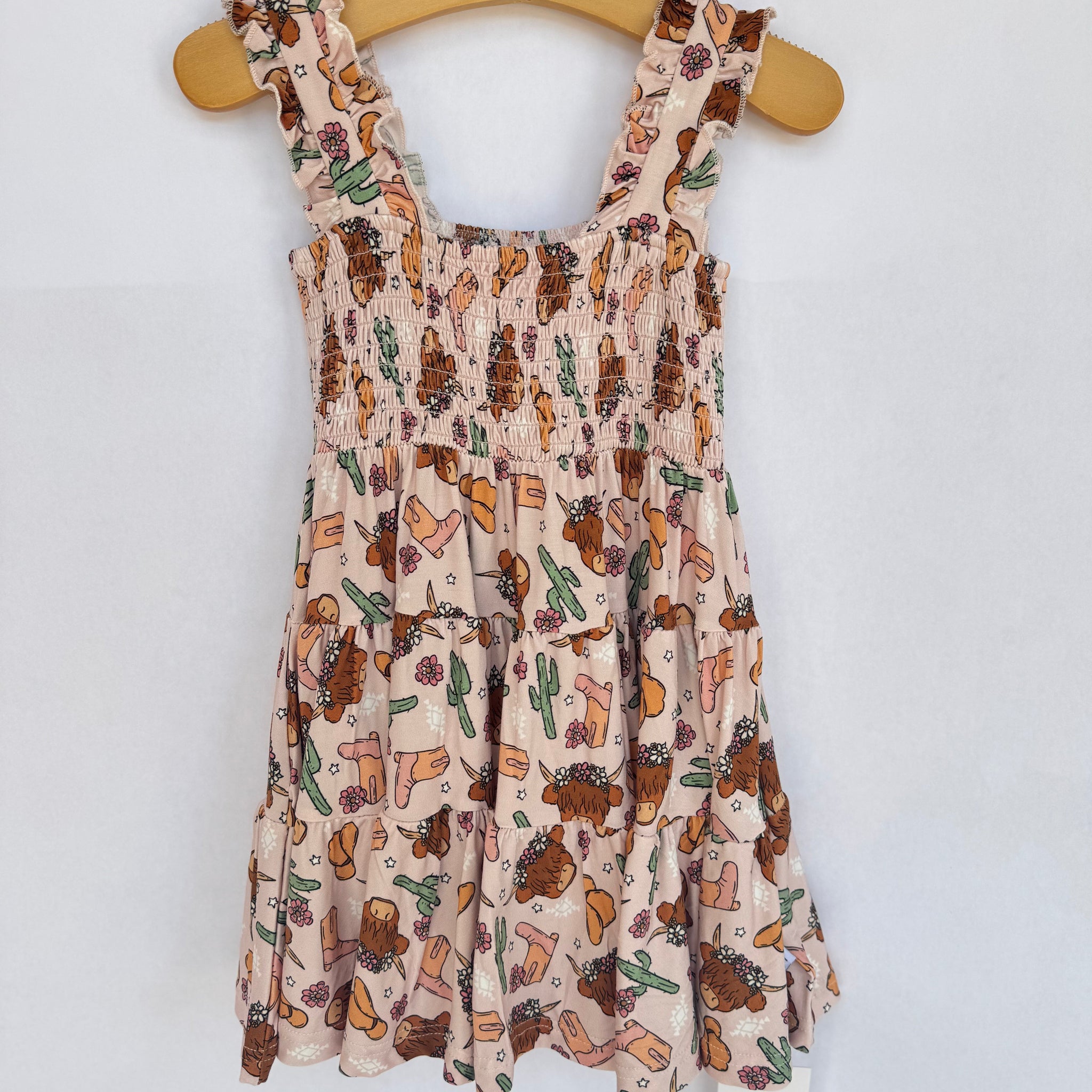 Pink Highland Cow Shirred Dress