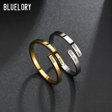 Bluelory Custom Double Names Rings For Lovers Gold Stainless Steel Engrave Date Personalized Women Men Jewelry Gift