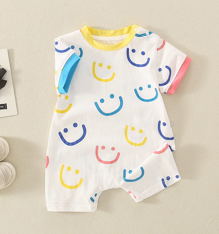 Infant Summer Thin Short-Sleeved Smiley One-Piece Romper Summer New Arrival Men and Women Baby Going out Casual Romper Summer