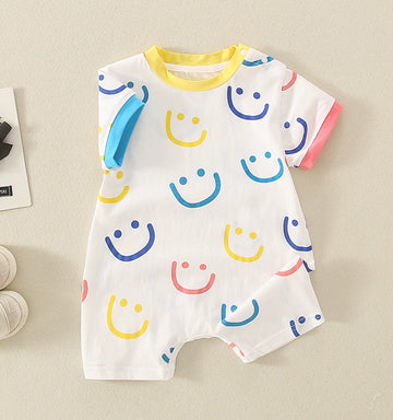 Infant Summer Thin Short-Sleeved Smiley One-Piece Romper Summer New Arrival Men and Women Baby Going out Casual Romper Summer