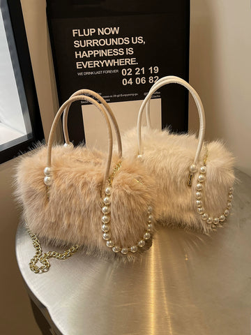 Autumn and Winter Plush Satchel Socialite Bag Female 2023 New Fancy Pearl Chain Bag Shoulder Cross Body Fur Bag