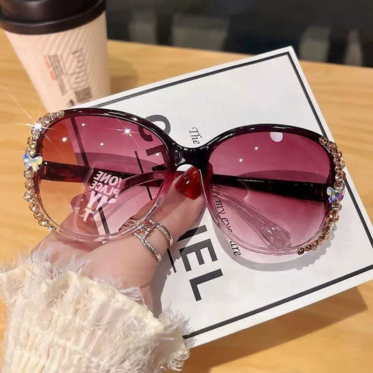 2025 New Arrival Sunglasses Female Summer Sea Border UV to Make Big Face Thin-Looked Sunscreen Rhinestone Sunglasses K-style Fancy