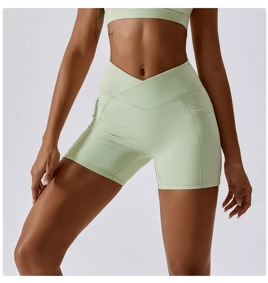 Hip-Lifting Pocket Cross-Waist Tight Yoga Shorts