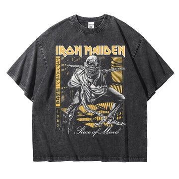 Iron Mother Iron New Wave Heavy Metal Band Retro Worn Looking Washed-out T-shirt Heavy Drop Shoulder Loose