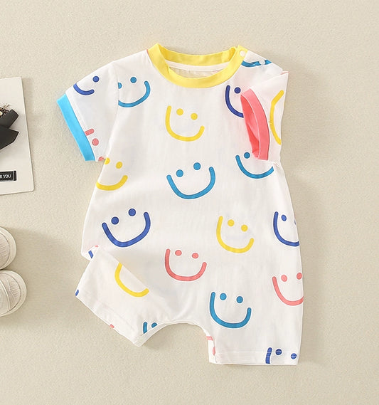 Infant Summer Thin Short-Sleeved Smiley One-Piece Romper Summer New Arrival Men and Women Baby Going out Casual Romper Summer