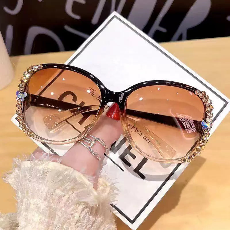 2025 New Arrival Sunglasses Female Summer Sea Border UV to Make Big Face Thin-Looked Sunscreen Rhinestone Sunglasses K-style Fancy
