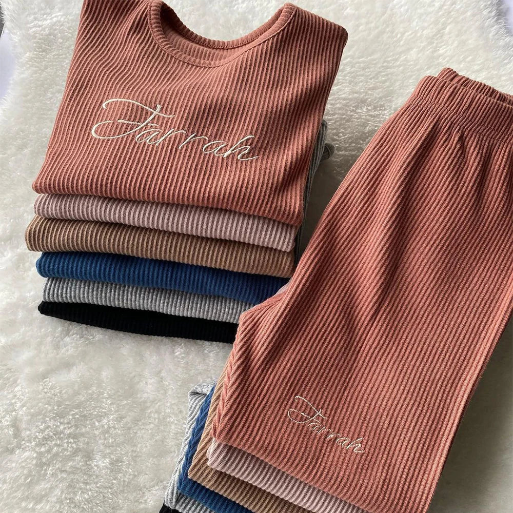 2024 Custom Toddler Kids Ribbed Knitting Pajamas Solid Cotton Winter Lounge Boy Girl Casual Pyjamas Children Warm Sleepwear