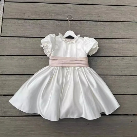 Spring Summer Kids Girl Party Dress Short Puff Sleeves Lace Collar Princess Dress with Big Bow Sashes Cute Formal Clothing H8992