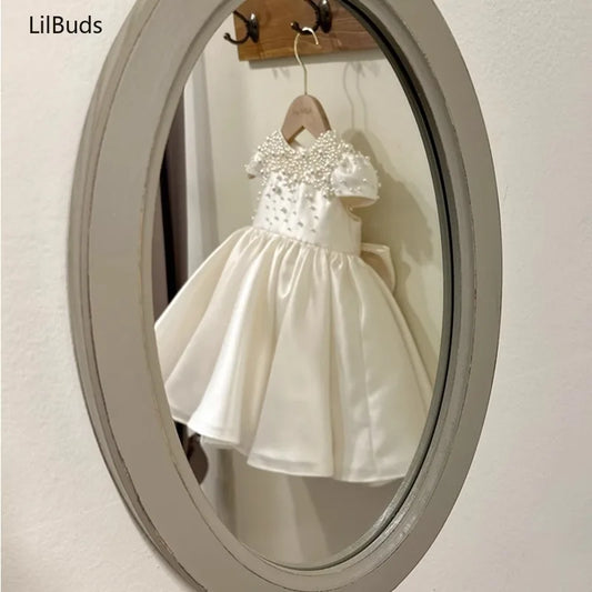 High End Handmade Baby Girl White Satin Dress Elegant Toddler Princess Dresses for Birthday Party Wedding Clothes Cute Vestidos
