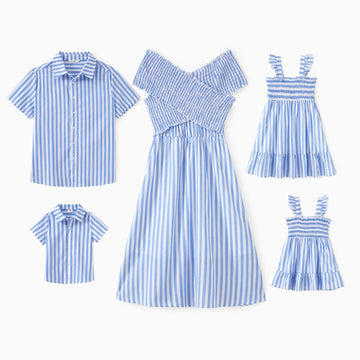 PatPat Family Matching Sets Blue Vertical Stripe Shirt or Shirred Cross Top Off Shoulder Dress