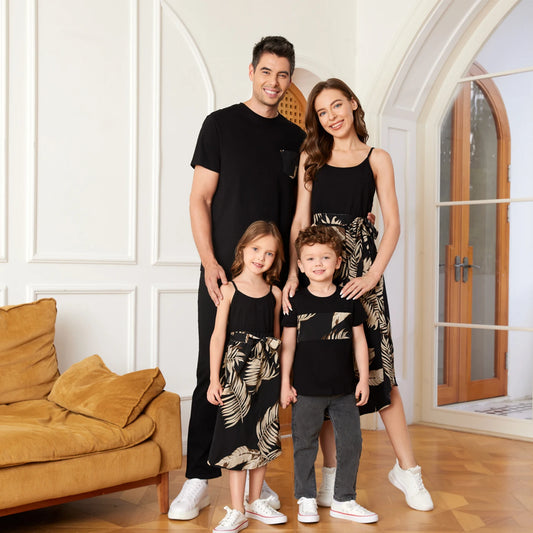 PatPat Family Matching Floral Print Belted Cami Dresses And Solid Short Sleeve Tops Sets