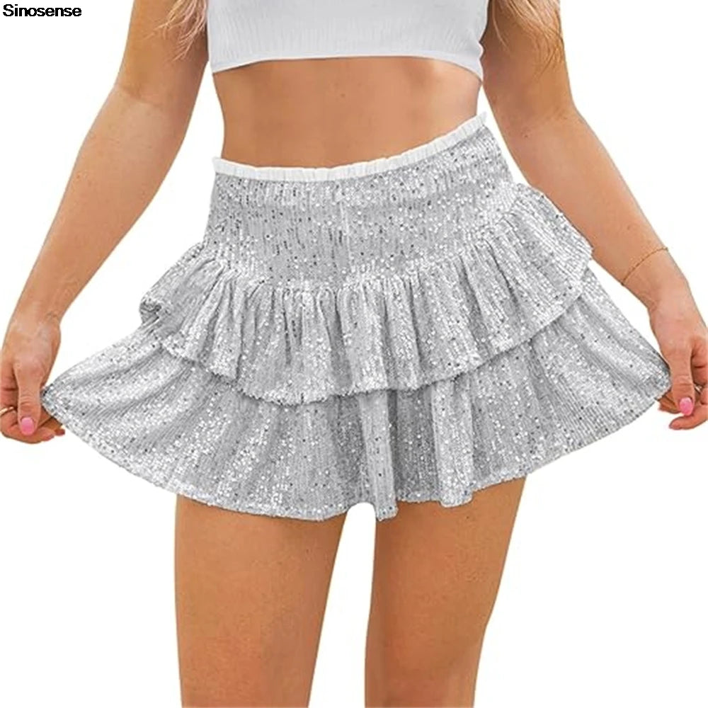 Women Sequin Skirt Sparkly Cute High Waist Ruffle Flowy Shiny Glitter Mini Short Skirts Night Out Club Party Pleated Skirts