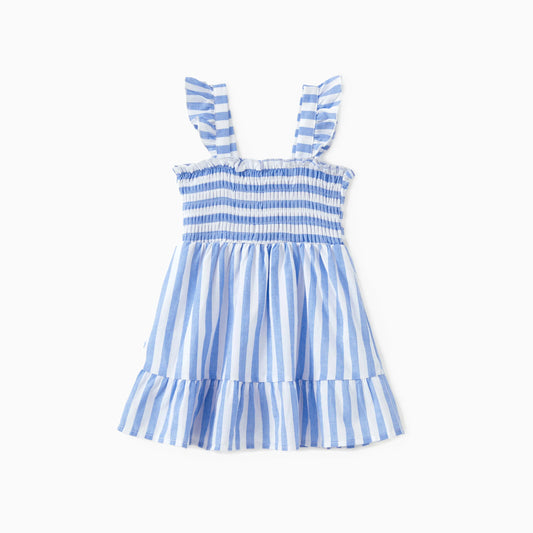 PatPat Family Matching Sets Blue Vertical Stripe Shirt or Shirred Cross Top Off Shoulder Dress