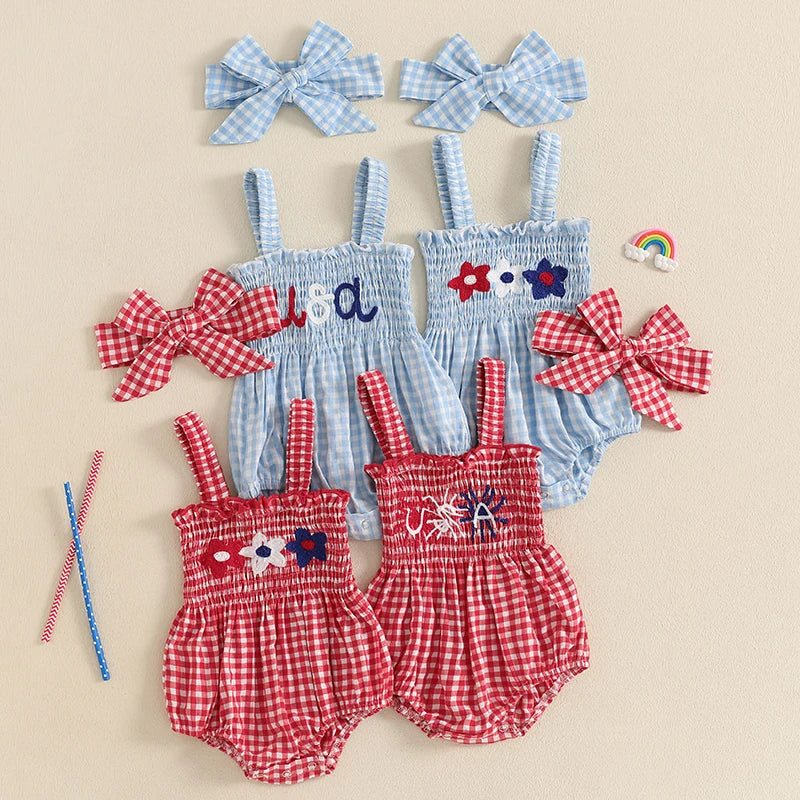 Lioraitiin Baby Girl July 4th Outfit Plaid Letter Embroidery Shirred Sleeveless Romper Headband 2 Pcs Summer Set