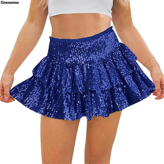 Women Sequin Skirt Sparkly Cute High Waist Ruffle Flowy Shiny Glitter Mini Short Skirts Night Out Club Party Pleated Skirts