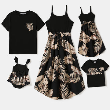 PatPat Family Matching Floral Print Belted Cami Dresses And Solid Short Sleeve Tops Sets