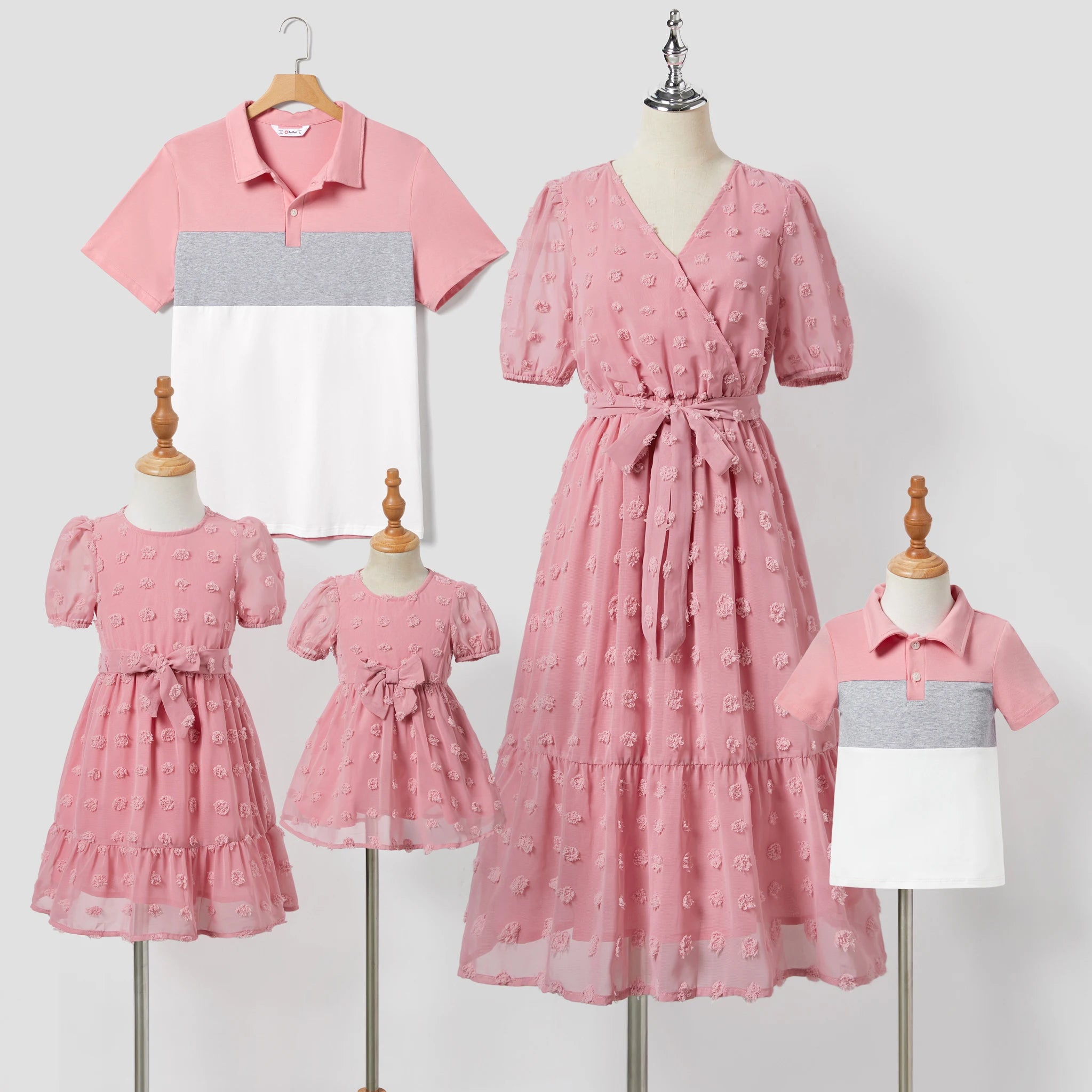PatPat Family Matching Colorblock Shirt and Pink Swiss Dot Wrap Front Ruffled Hem Belted Dress Sets