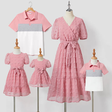 PatPat Family Matching Colorblock Shirt and Pink Swiss Dot Wrap Front Ruffled Hem Belted Dress Sets