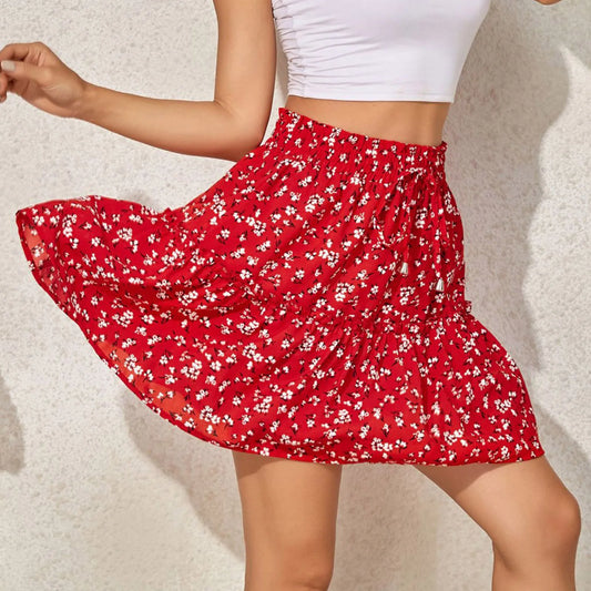 Women's Summer Vintage Floral Print High Waist Ruffle Skirt Elegant Casual Swing Bohemian Beach Pleated Mini Short Skirt 2023