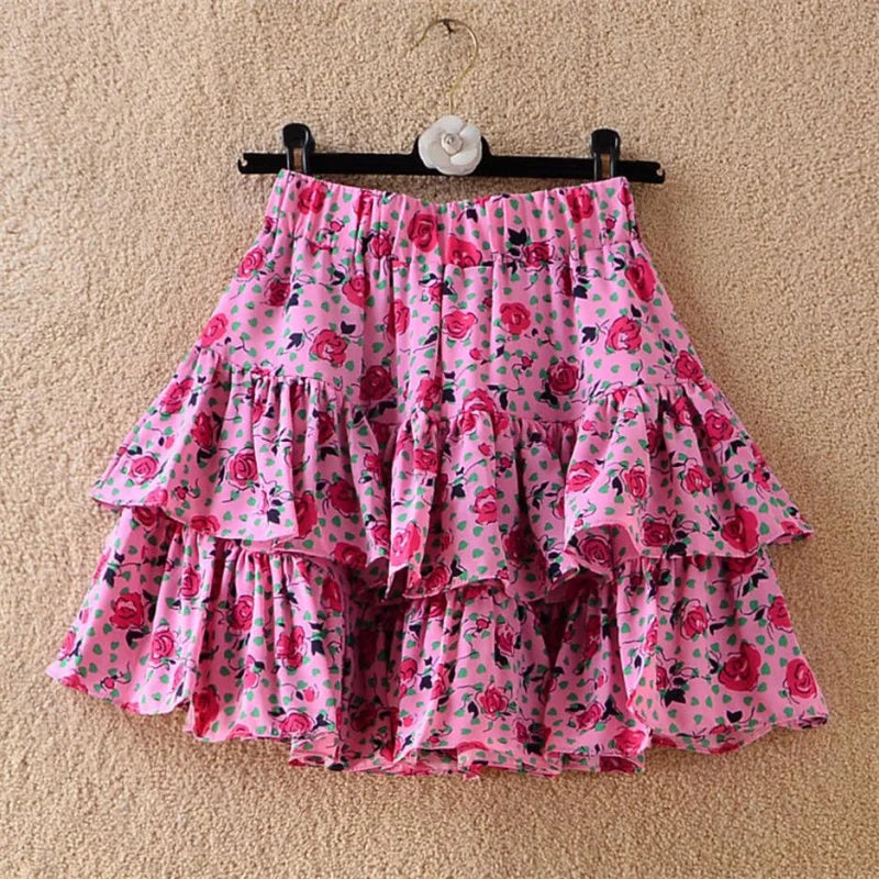 Summer Sweet Girls Pink Floral Short Skirt Women's High-Waisted Printed Chiffon Cake Skirts Vintage Flower Print Skirts Femme