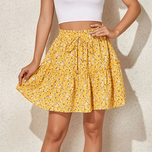 New In Women's Summer High Waist Fashion Floral Printed A-line Short Skirt Female Lace-up Chic Sweet Casual Skirts