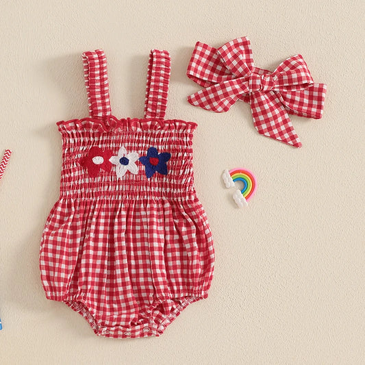 Lioraitiin Baby Girl July 4th Outfit Plaid Letter Embroidery Shirred Sleeveless Romper Headband 2 Pcs Summer Set