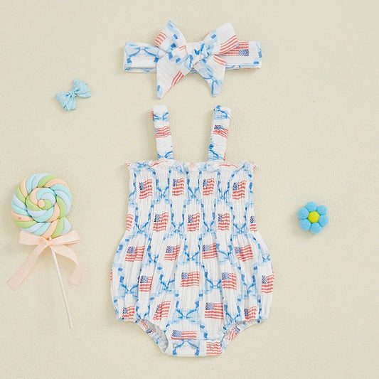 2025-02-06 Lioraitiin Baby Girls 4th of July Romper Star Bow Print Seeveless Smocked Jumpsuit with Headband 2Pcs Set