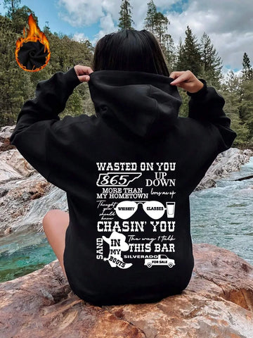 New versatile black letter print solid color women's hooded sports shirt street  outdoor casual loose and breathable pullover14