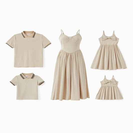 PatPat Family Matching Light Apricot Polo Shirt or Bow Design Flowy A-Line Strap Dress Sets