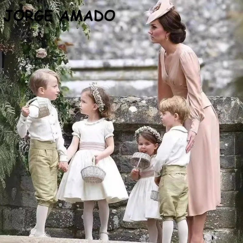 Spring Summer Kids Girl Party Dress Short Puff Sleeves Lace Collar Princess Dress with Big Bow Sashes Cute Formal Clothing H8992