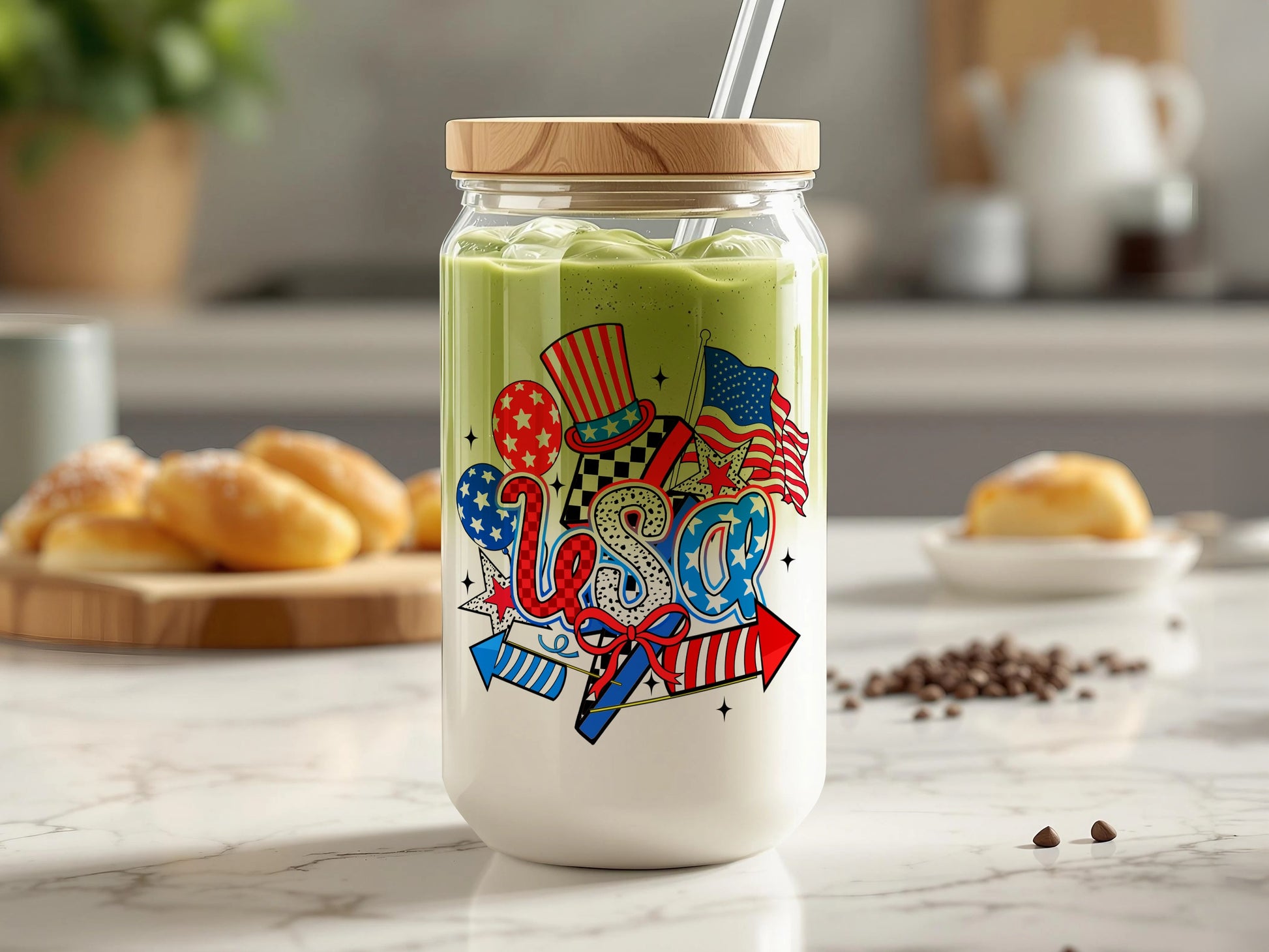 Patriotic USA Themed Glass Jar with Straw product
