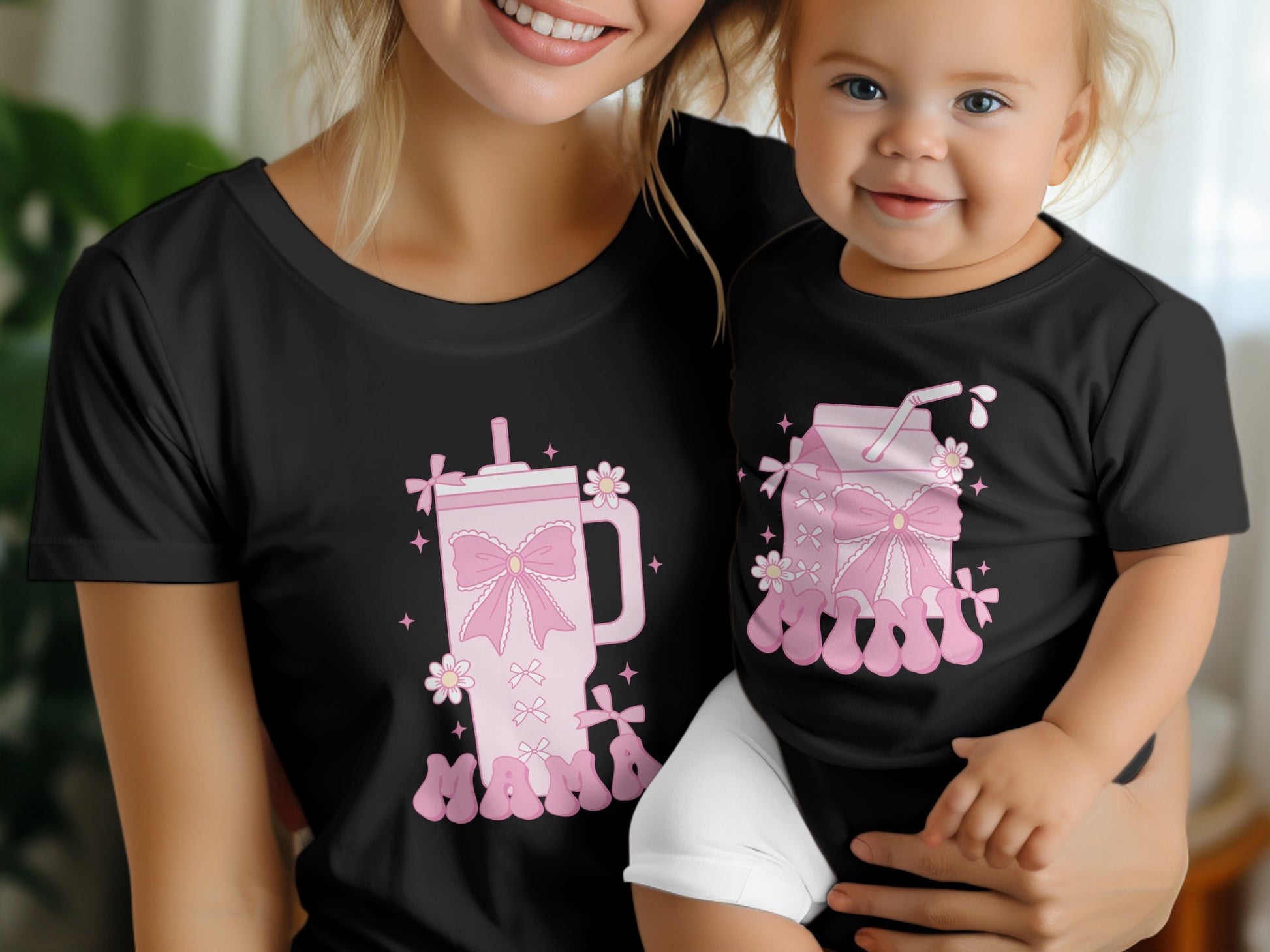 Mama and Mini Coquette T-Shirt Set, Matching Mom and Me Shirts, Pink Drink Graphic Tee, Mother Daughter Outfit, Girly T-Shirt Gift