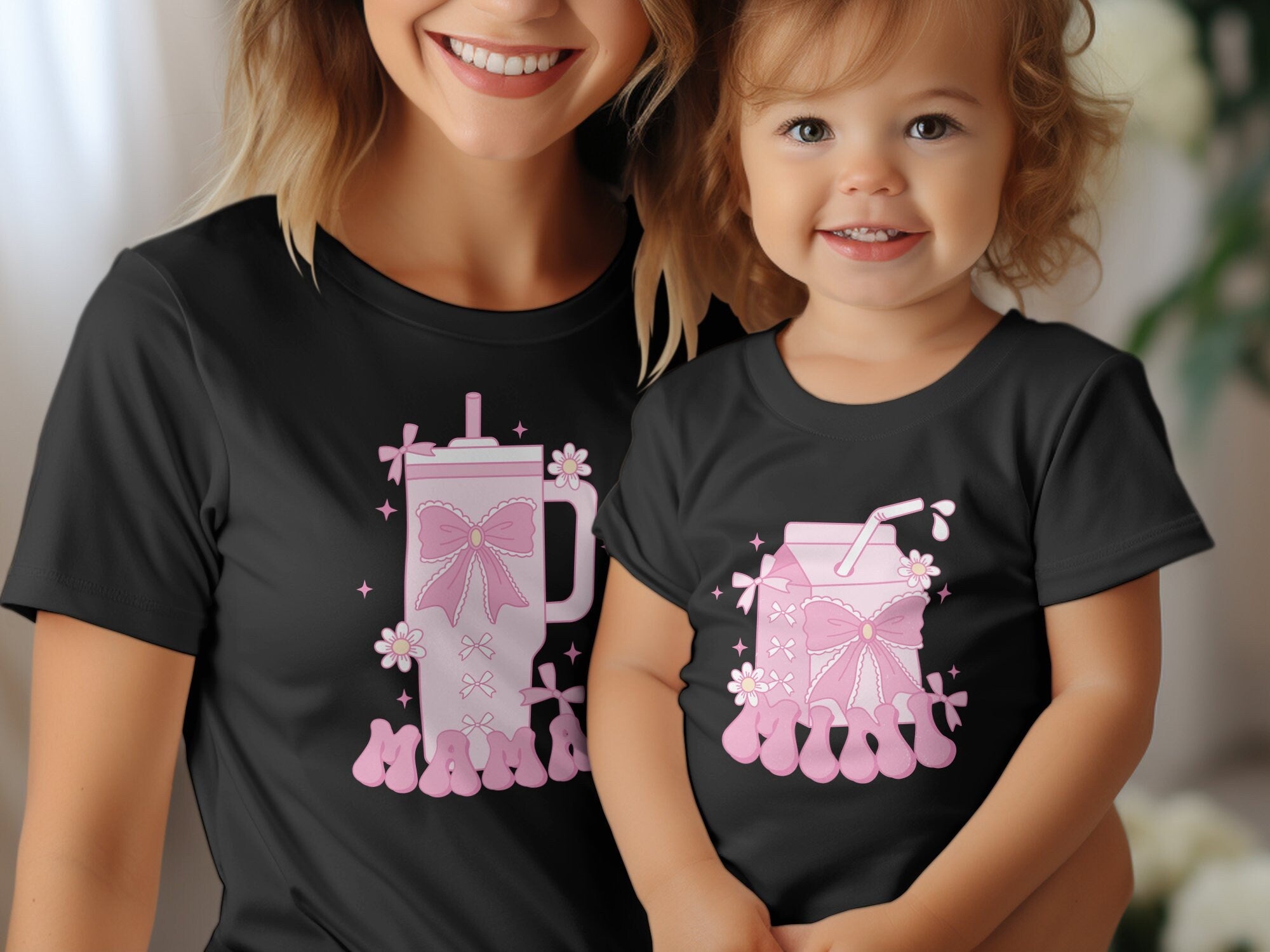 Mama and Mini Coquette T-Shirt Set, Matching Mom and Me Shirts, Pink Drink Graphic Tee, Mother Daughter Outfit, Girly T-Shirt Gift