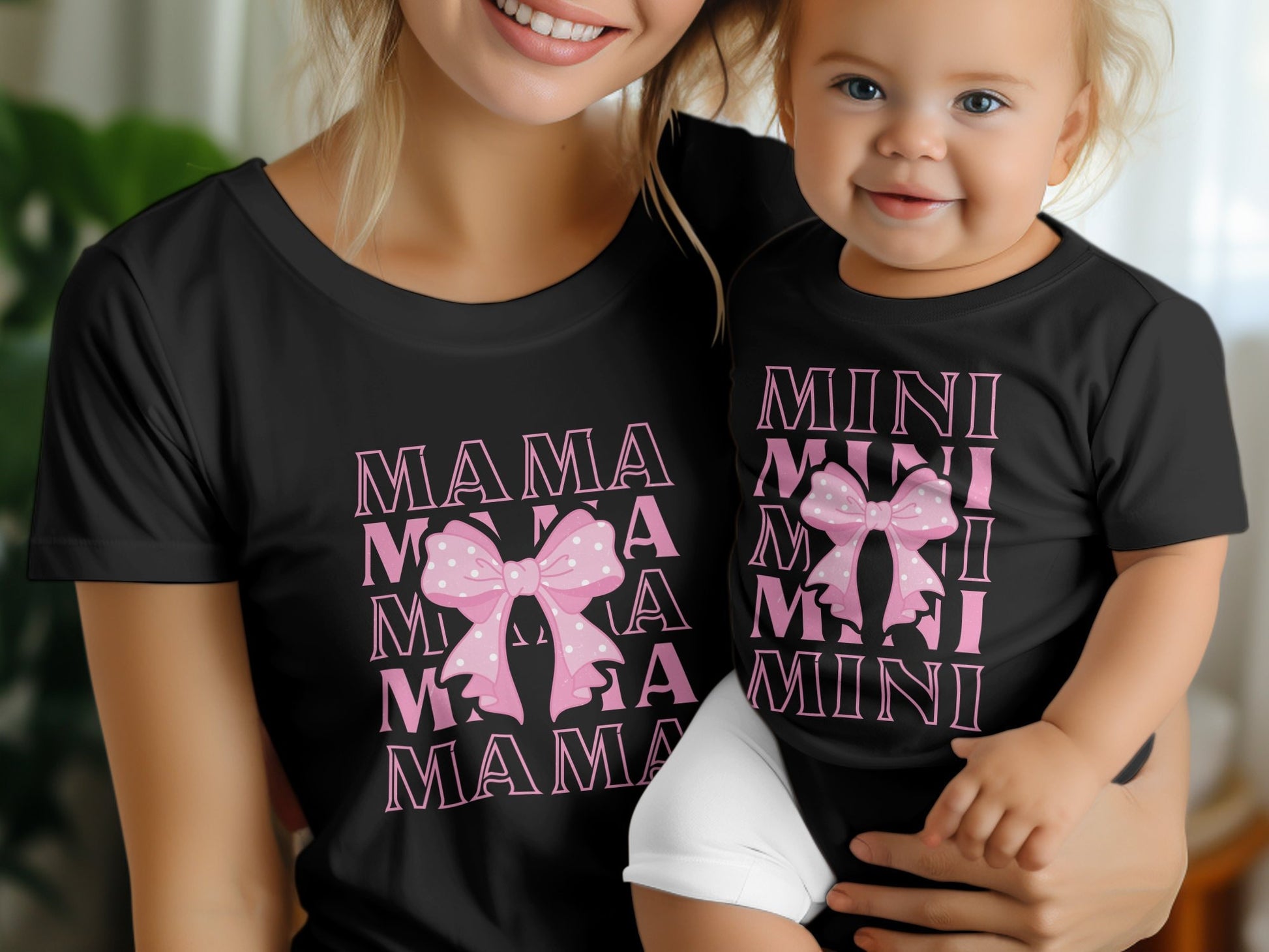 Mama and Mini Matching T-Shirts, Mom and Me Bow Tee, Mother Daughter Coquette Shirts, Pink Graphic Top