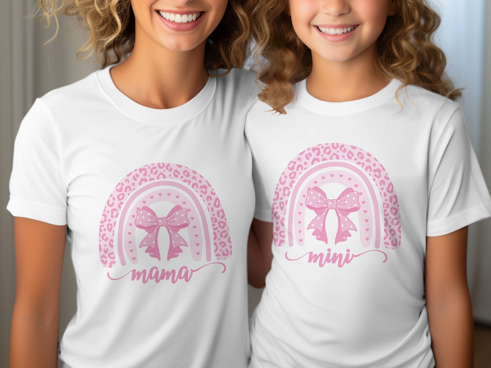 Mama Leopard Print Rainbow T-Shirt, Pink Coquette Mommy and Me Matching Tees