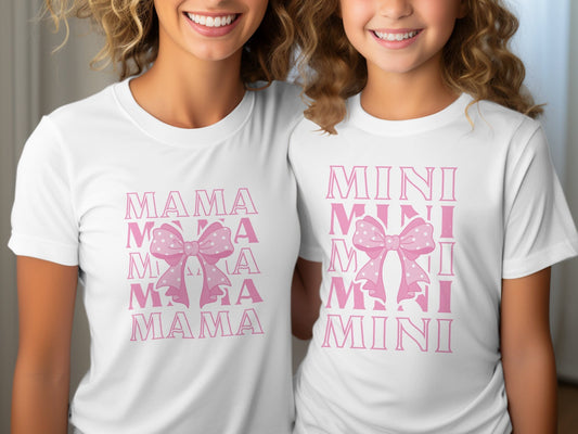 Mama and Mini Pink Bow Coquette T-Shirts, Cute Mommy and Me Matching Outfits, Feminine Mother Daughter Tees, Family Twinning Tops