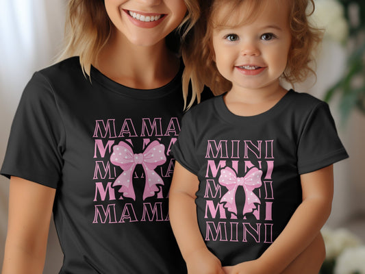 Mama and Mini Pink Bow Coquette T-Shirts, Cute Mommy and Me Matching Outfits, Feminine Mother Daughter Tees, Family Twinning Tops