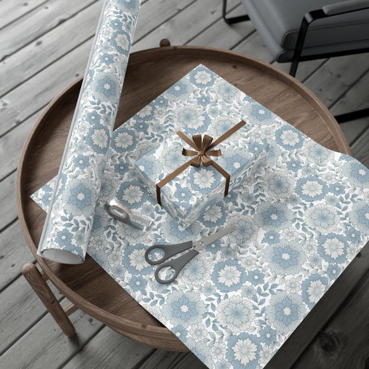 Blue Floral Coastal Preppy Wrapping Paper, Shabby Chic Paper, Floral Wrapping Paper