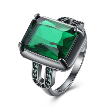 Vintage Black Gold Irma Green Emerald Cut Ring with  Crystals